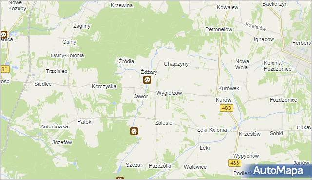 mapa Wygiełzów gmina Zelów, Wygiełzów gmina Zelów na mapie Targeo