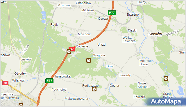 mapa Wygoda gmina Jędrzejów, Wygoda gmina Jędrzejów na mapie Targeo