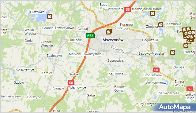 mapa Wymysłów gmina Mszczonów, Wymysłów gmina Mszczonów na mapie Targeo