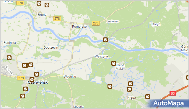 mapa Wyszyna gmina Czerwieńsk, Wyszyna gmina Czerwieńsk na mapie Targeo