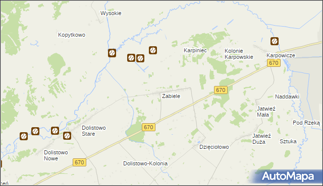 mapa Zabiele gmina Jaświły, Zabiele gmina Jaświły na mapie Targeo