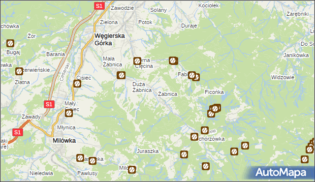 mapa Żabnica gmina Węgierska Górka, Żabnica gmina Węgierska Górka na mapie Targeo