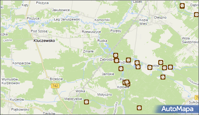 mapa Zabrodzie gmina Kluczewsko, Zabrodzie gmina Kluczewsko na mapie Targeo