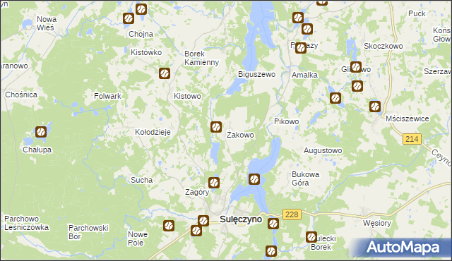 mapa Żakowo gmina Sulęczyno, Żakowo gmina Sulęczyno na mapie Targeo