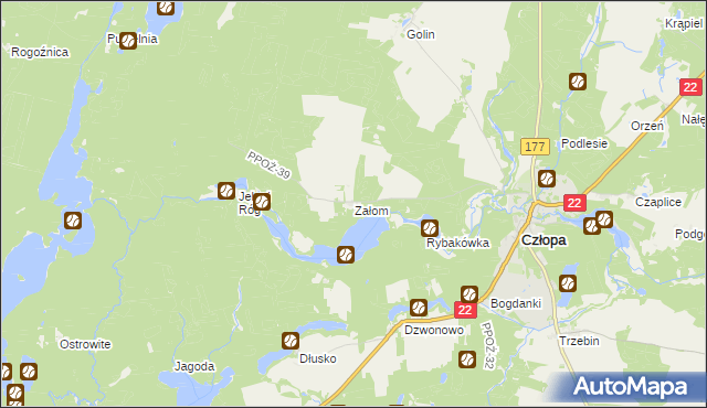 mapa Załom gmina Człopa, Załom gmina Człopa na mapie Targeo