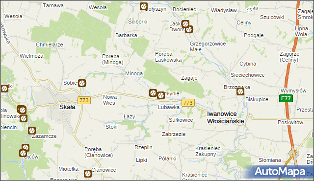 mapa Zamłynie gmina Skała, Zamłynie gmina Skała na mapie Targeo