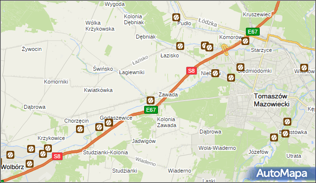 mapa Zawada gmina Tomaszów Mazowiecki, Zawada gmina Tomaszów Mazowiecki na mapie Targeo