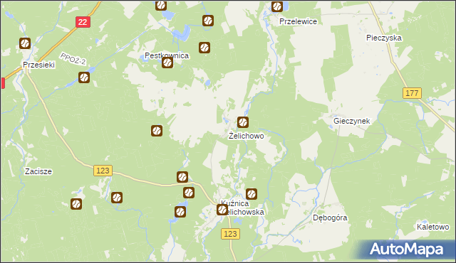 mapa Żelichowo gmina Krzyż Wielkopolski, Żelichowo gmina Krzyż Wielkopolski na mapie Targeo