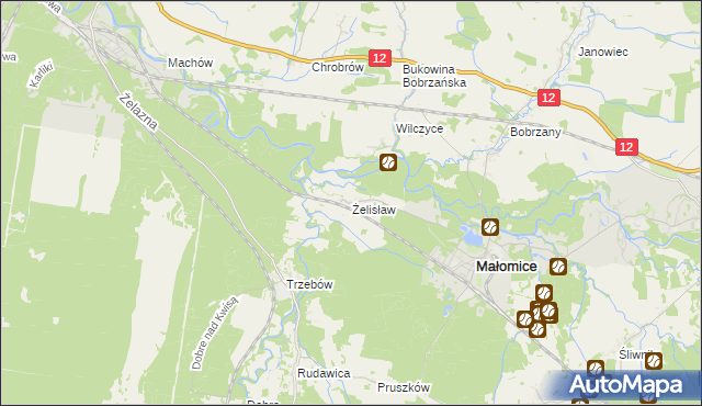 mapa Żelisław gmina Małomice, Żelisław gmina Małomice na mapie Targeo