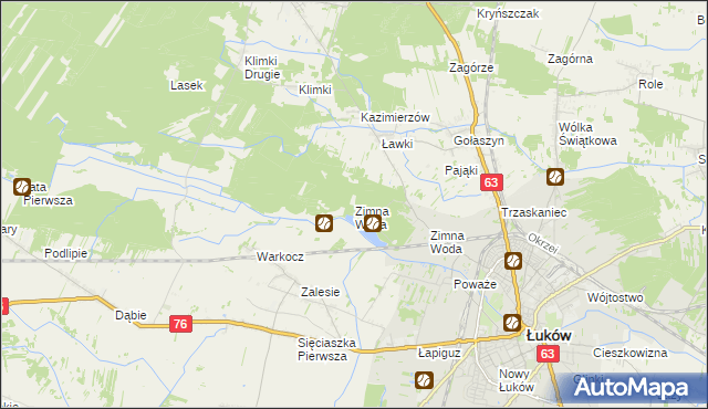 mapa Zimna Woda gmina Łuków, Zimna Woda gmina Łuków na mapie Targeo
