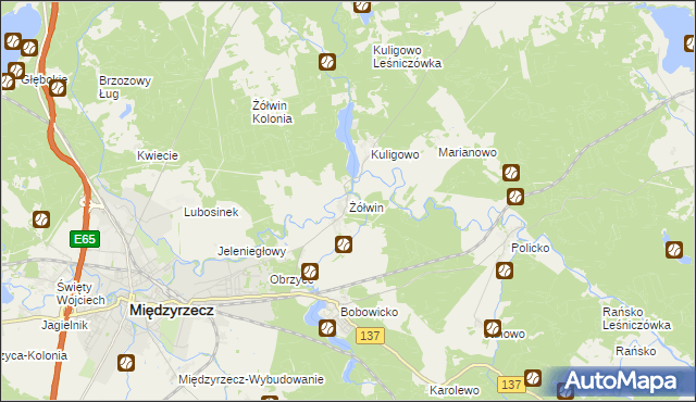 mapa Żółwin gmina Międzyrzecz, Żółwin gmina Międzyrzecz na mapie Targeo