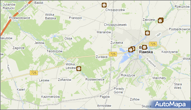 mapa Żurawia gmina Biała Rawska, Żurawia gmina Biała Rawska na mapie Targeo