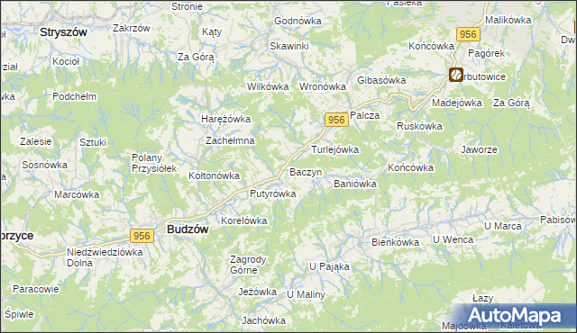 mapa Baczyn gmina Budzów, Baczyn gmina Budzów na mapie Targeo