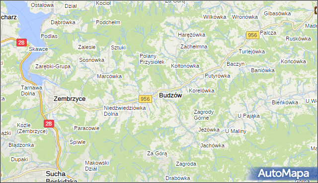 mapa Budzów powiat suski, Budzów powiat suski na mapie Targeo