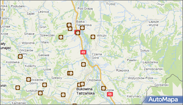 mapa Czarna Góra gmina Bukowina Tatrzańska, Czarna Góra gmina Bukowina Tatrzańska na mapie Targeo