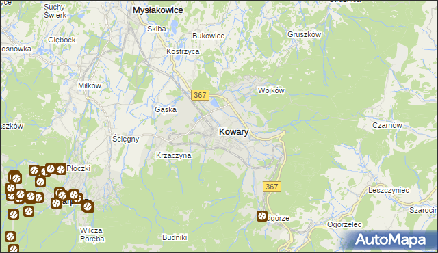 mapa Kowary powiat jeleniogórski, Kowary powiat jeleniogórski na mapie Targeo