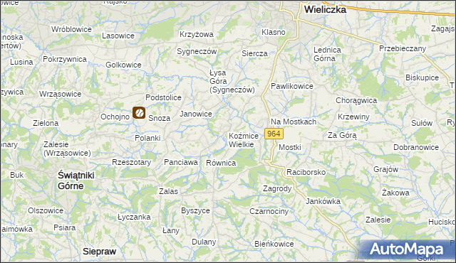 mapa Koźmice Wielkie, Koźmice Wielkie na mapie Targeo