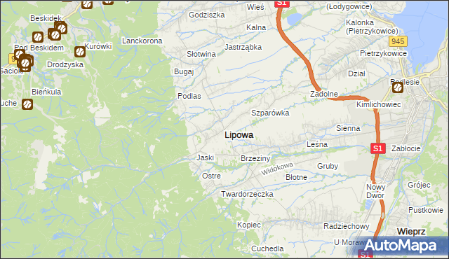 mapa Lipowa powiat żywiecki, Lipowa powiat żywiecki na mapie Targeo