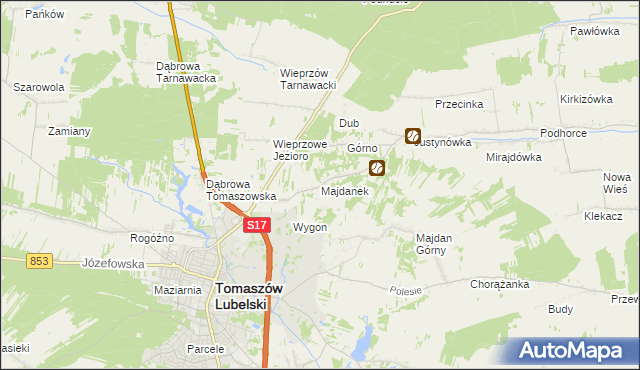 mapa Majdanek gmina Tomaszów Lubelski, Majdanek gmina Tomaszów Lubelski na mapie Targeo