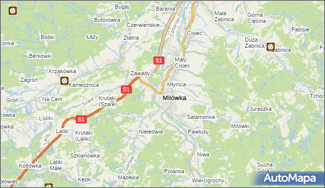 mapa Milówka powiat żywiecki, Milówka powiat żywiecki na mapie Targeo