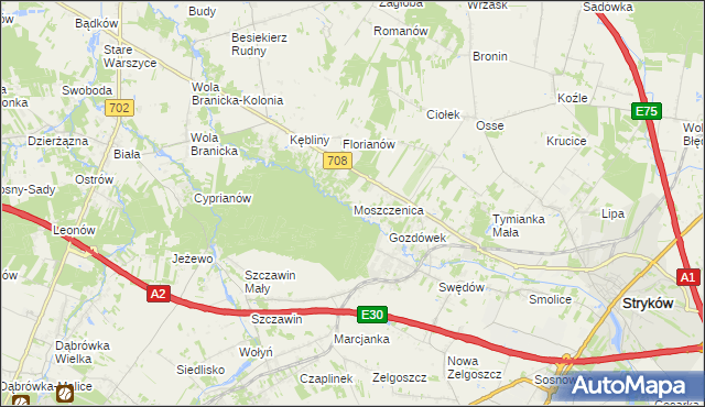 mapa Moszczenica gmina Zgierz, Moszczenica gmina Zgierz na mapie Targeo