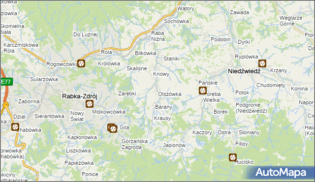 mapa Olszówka gmina Mszana Dolna, Olszówka gmina Mszana Dolna na mapie Targeo