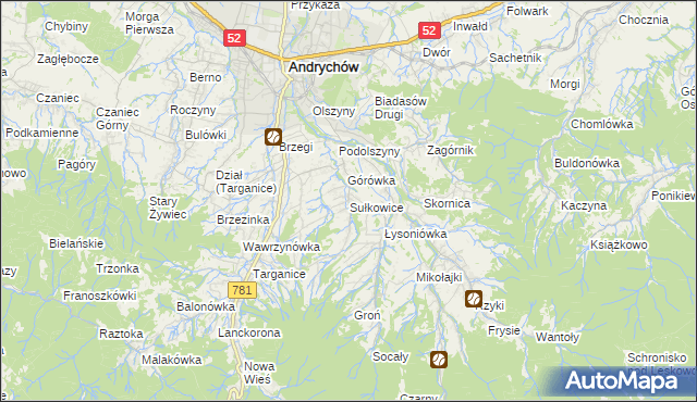 mapa Sułkowice gmina Andrychów, Sułkowice gmina Andrychów na mapie Targeo