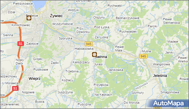 mapa Świnna powiat żywiecki, Świnna powiat żywiecki na mapie Targeo