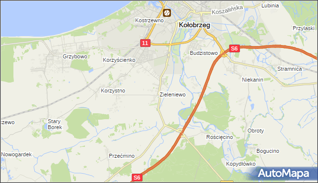 mapa Zieleniewo gmina Kołobrzeg, Zieleniewo gmina Kołobrzeg na mapie Targeo