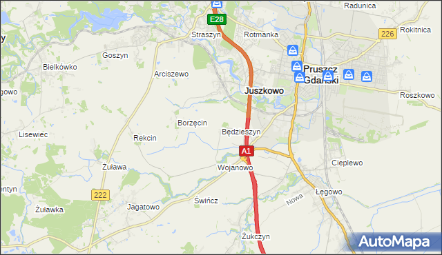 mapa Będzieszyn gmina Pruszcz Gdański, Będzieszyn gmina Pruszcz Gdański na mapie Targeo