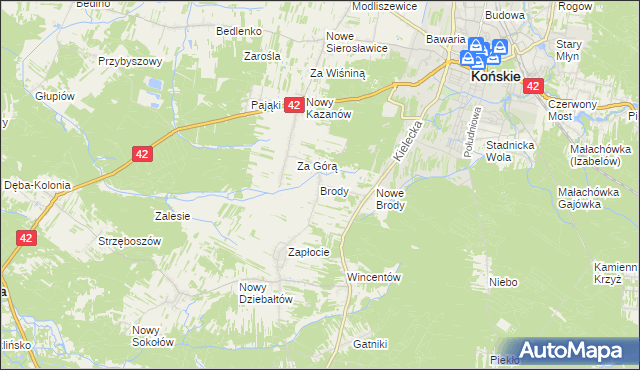 mapa Brody gmina Końskie, Brody gmina Końskie na mapie Targeo