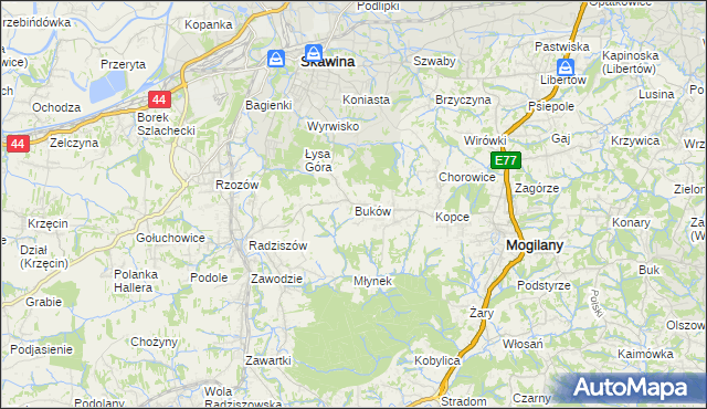 mapa Buków gmina Mogilany, Buków gmina Mogilany na mapie Targeo