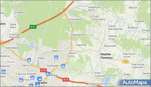 mapa Dąbrowa gmina Masłów, Dąbrowa gmina Masłów na mapie Targeo
