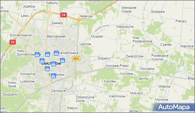 mapa Dobiecin gmina Bełchatów, Dobiecin gmina Bełchatów na mapie Targeo