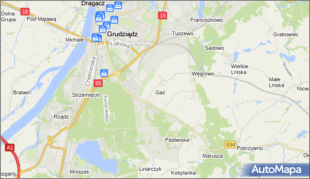 mapa Gać gmina Grudziądz, Gać gmina Grudziądz na mapie Targeo