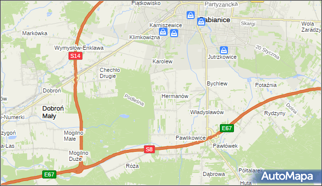 mapa Hermanów gmina Pabianice, Hermanów gmina Pabianice na mapie Targeo