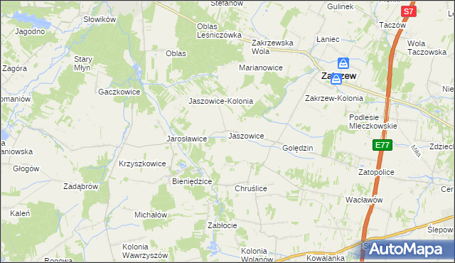 mapa Jaszowice gmina Zakrzew, Jaszowice gmina Zakrzew na mapie Targeo