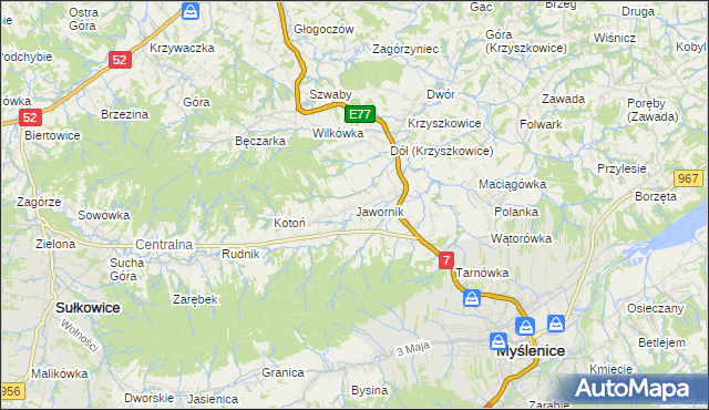 mapa Jawornik gmina Myślenice, Jawornik gmina Myślenice na mapie Targeo