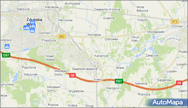 mapa Karsznice gmina Zduńska Wola, Karsznice gmina Zduńska Wola na mapie Targeo