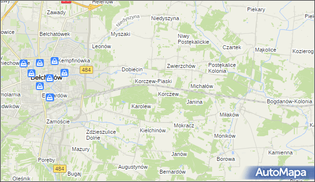 mapa Korczew gmina Bełchatów, Korczew gmina Bełchatów na mapie Targeo