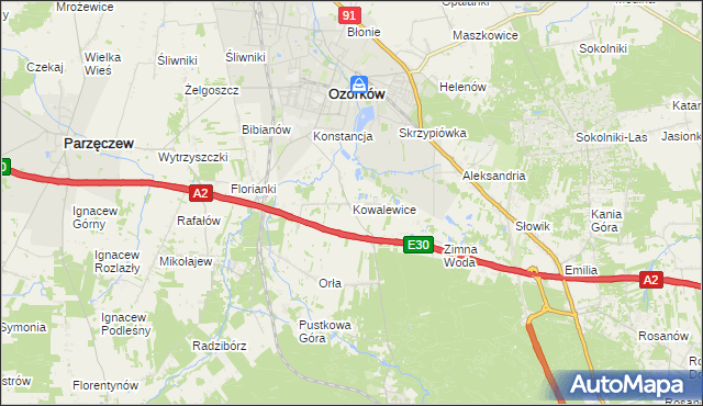 mapa Kowalewice gmina Parzęczew, Kowalewice gmina Parzęczew na mapie Targeo