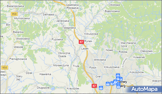 mapa Lasek gmina Nowy Targ, Lasek gmina Nowy Targ na mapie Targeo