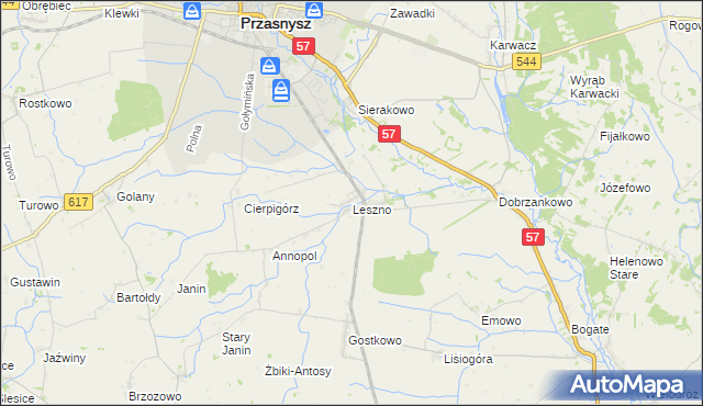 mapa Leszno gmina Przasnysz, Leszno gmina Przasnysz na mapie Targeo