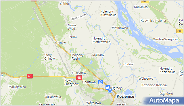 mapa Majdany gmina Kozienice, Majdany gmina Kozienice na mapie Targeo