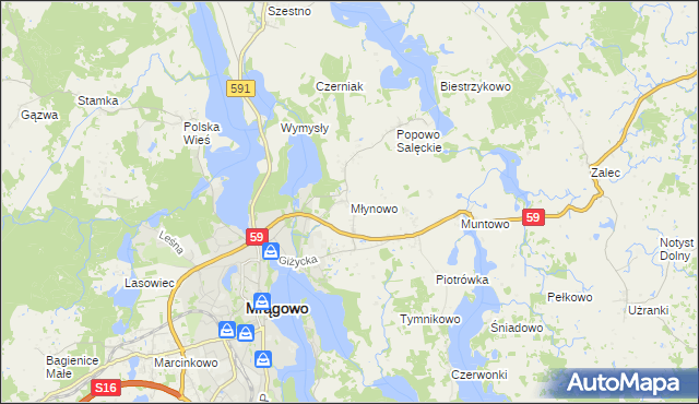 mapa Młynowo gmina Mrągowo, Młynowo gmina Mrągowo na mapie Targeo
