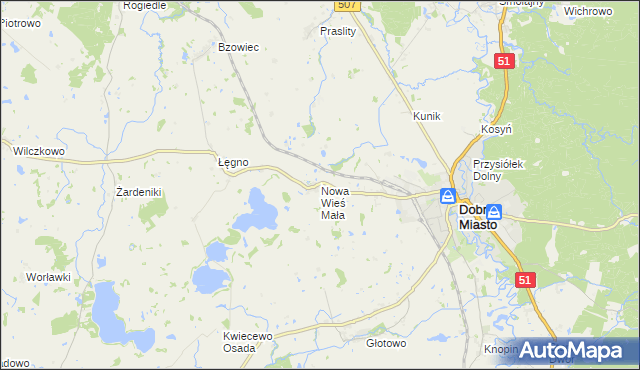 mapa Nowa Wieś Mała gmina Dobre Miasto, Nowa Wieś Mała gmina Dobre Miasto na mapie Targeo