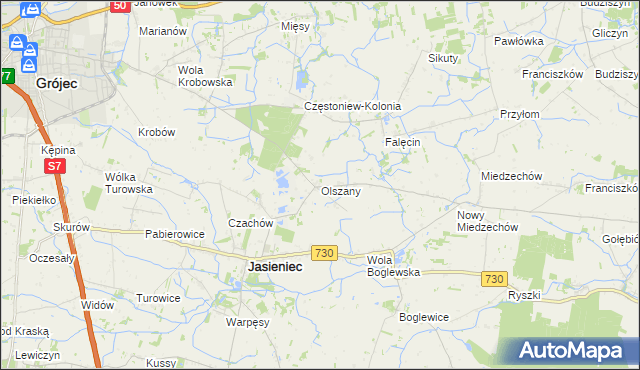 mapa Olszany gmina Jasieniec, Olszany gmina Jasieniec na mapie Targeo