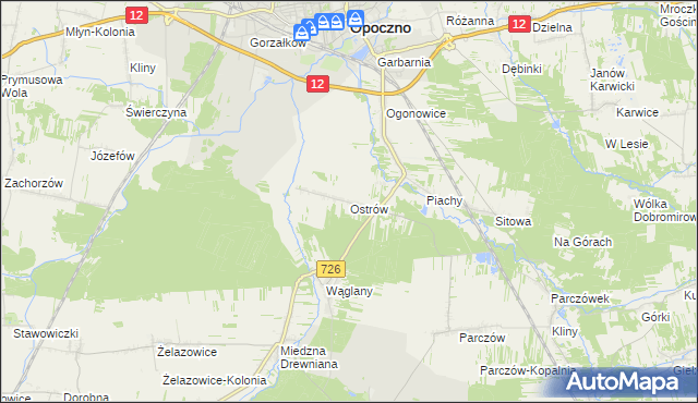 mapa Ostrów gmina Opoczno, Ostrów gmina Opoczno na mapie Targeo