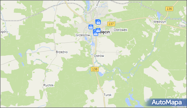 mapa Ostrów gmina Sulęcin, Ostrów gmina Sulęcin na mapie Targeo