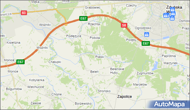mapa Piaski gmina Zduńska Wola, Piaski gmina Zduńska Wola na mapie Targeo
